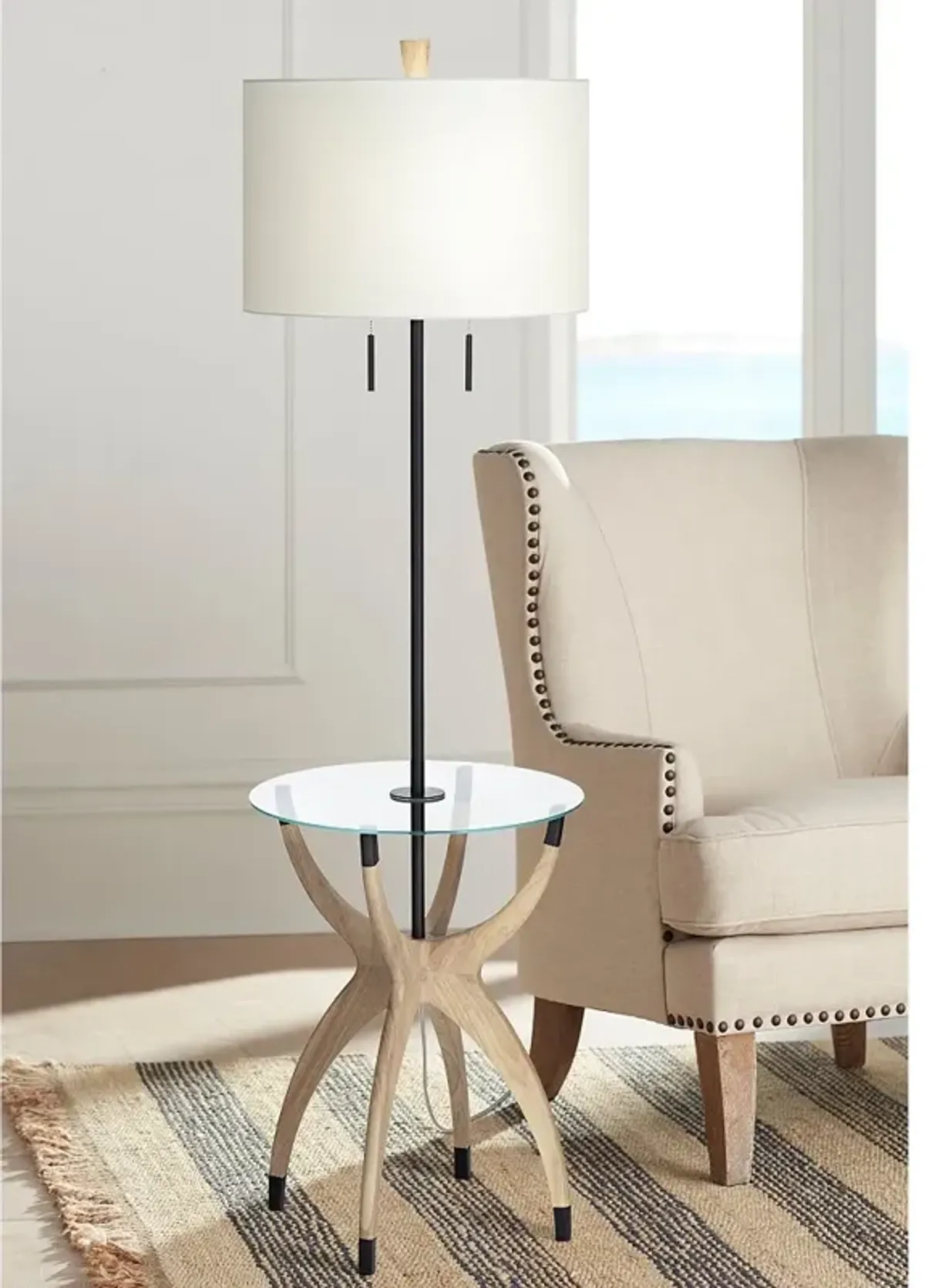 Possini Euro Vanguard 64" Light Oak Modern Glass Tray Floor Lamp