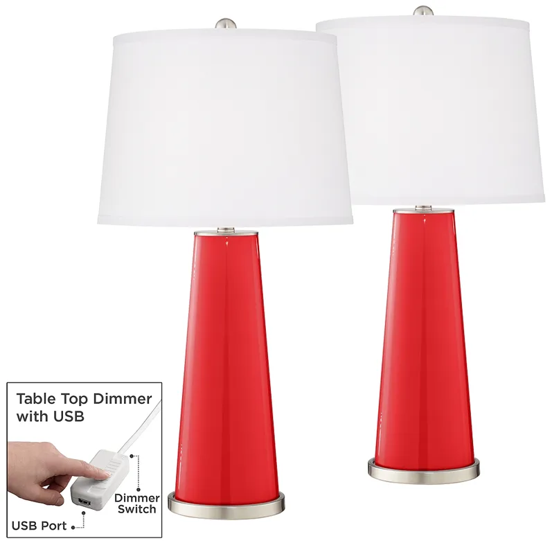 Poppy Red Leo Table Lamp Set of 2 with Dimmers