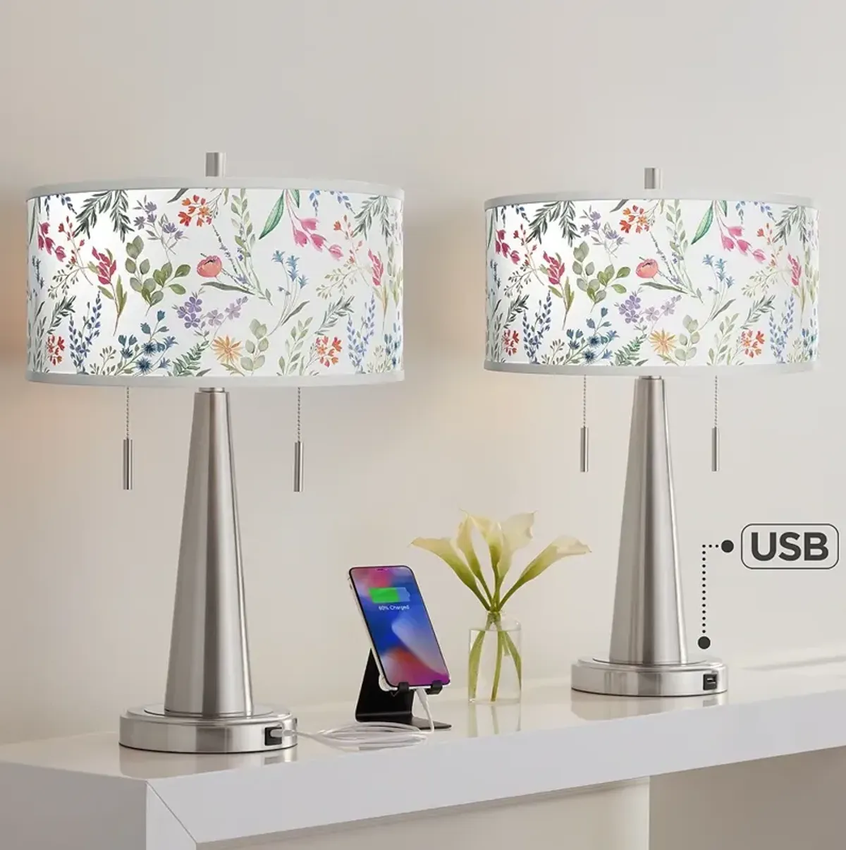 Spring's Joy Vicki Brushed Nickel USB Table Lamps Set of 2