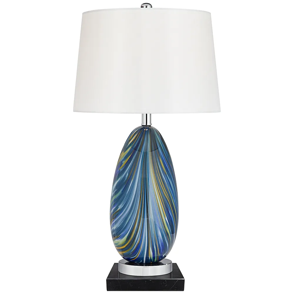 Possini Euro Pablo Blue Swirl Glass Lamp with Square Black Marble Riser