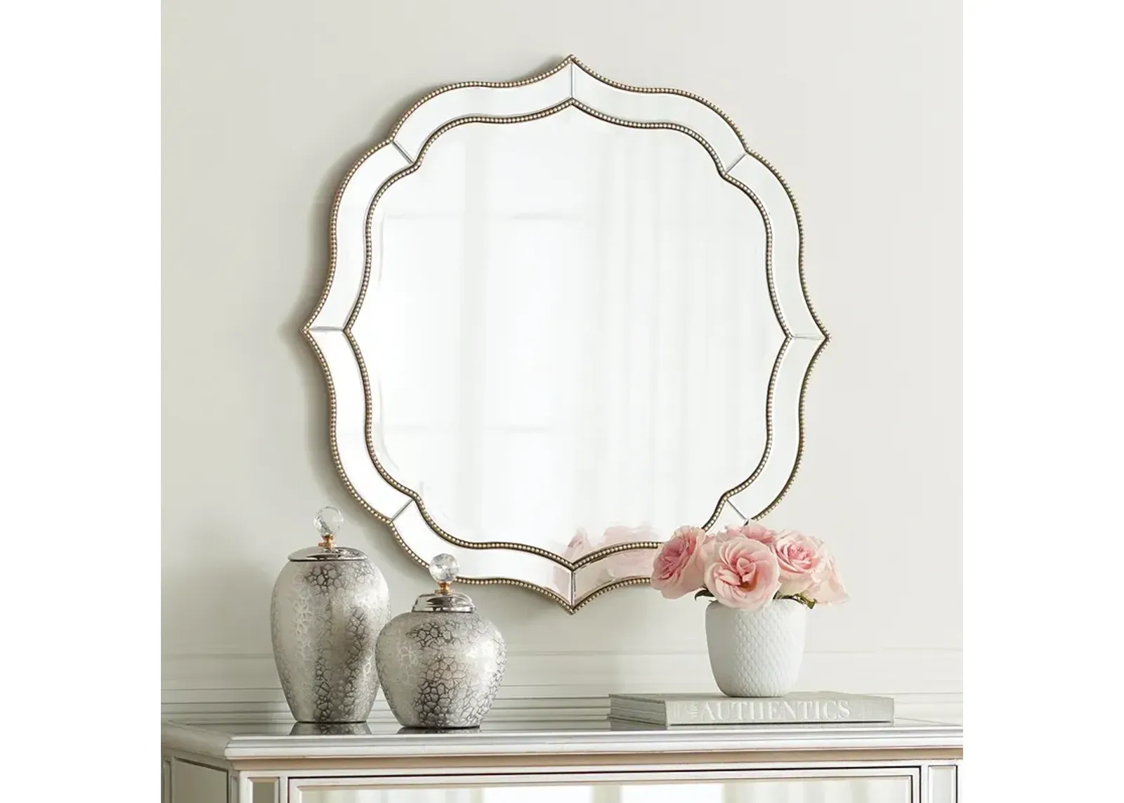 Laureen 32" Distressed Champagne Scalloped Round Wall Mirror