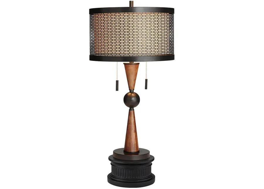 Franklin Iron Works Bronze and Cherry Wood 2-Light Table Lamp with Riser