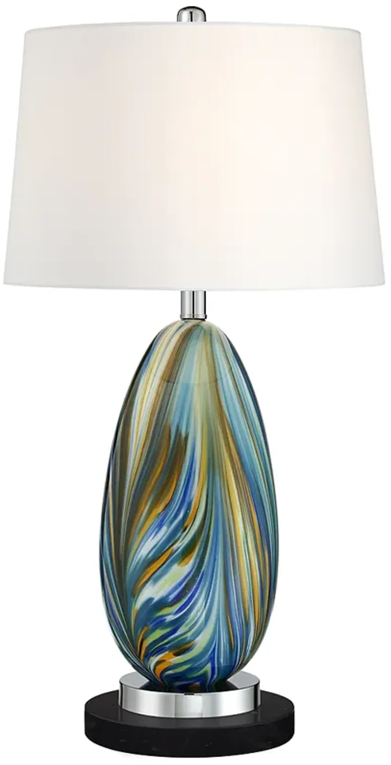 Possini Euro Pablo Blue Swirl Glass Lamp with Round Black Marble Riser