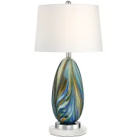 Possini Euro Pablo Blue Table Lamp with Round White Marble Riser
