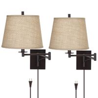 Brinly Plug-In Swing Arm Wall Lamps Set of 2 with Brown Burlap Shades