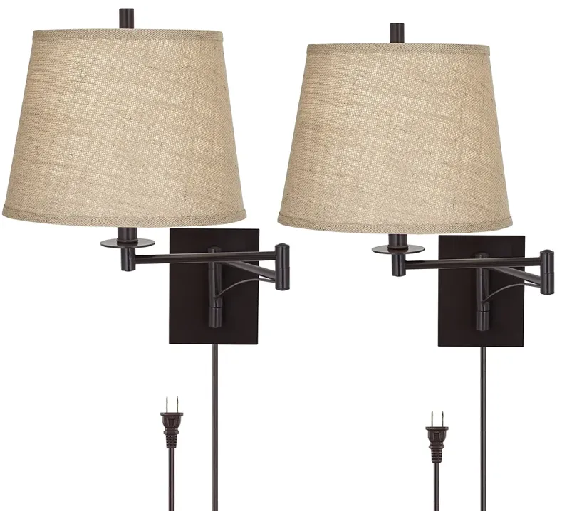 Franklin Iron Works Brinly Burlap Plug-In Swing Arm Wall Lamps Set of 2