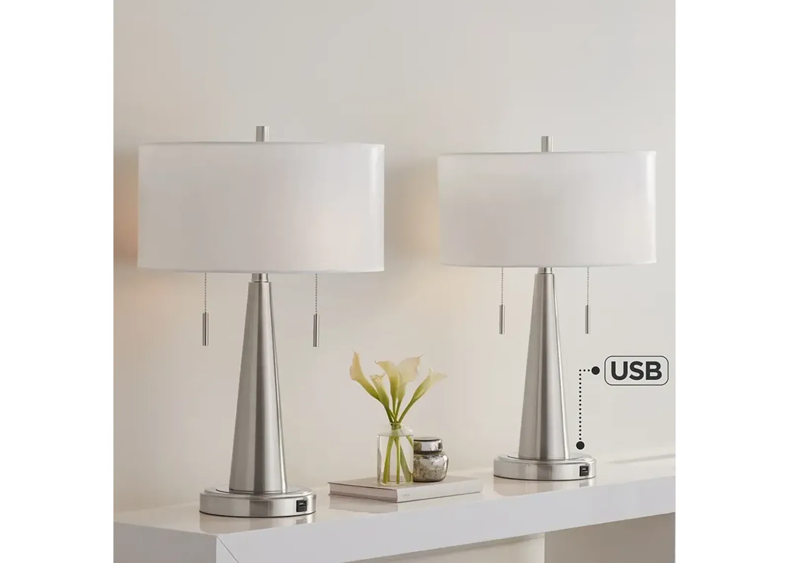 Giclee Glow Vicki 23" Modern Brushed Nickel USB Table Lamps Set of 2