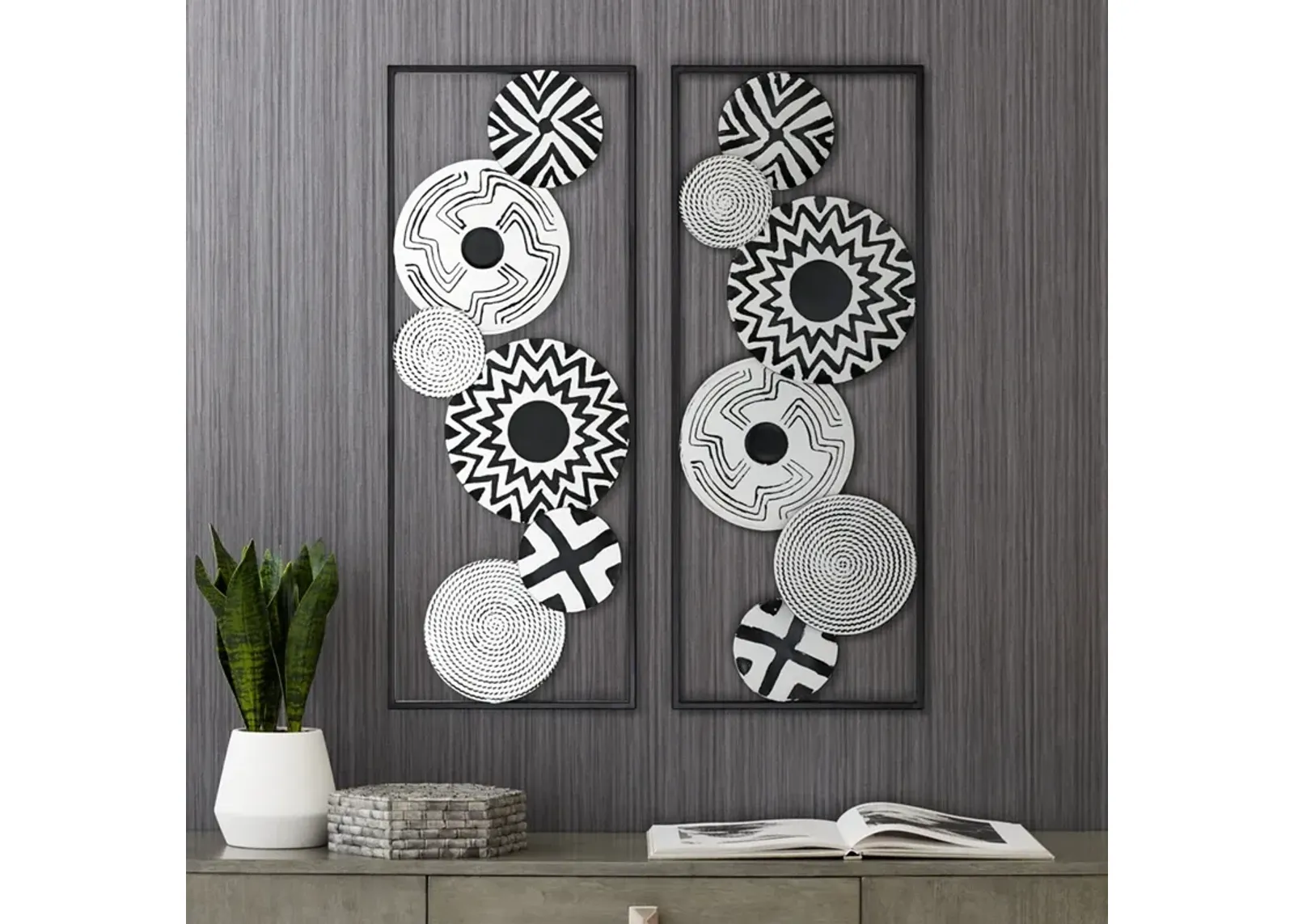 Black and White Discs 35 1/2" High Metal Wall Art Set of 2