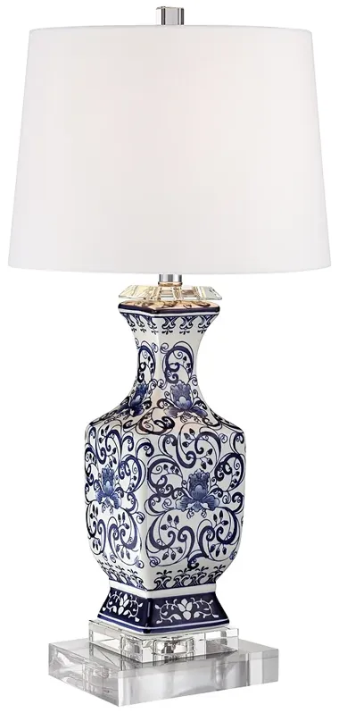 Barnes and Ivy Iris Blue Porcelain Table Lamp with Square Acrylic Riser