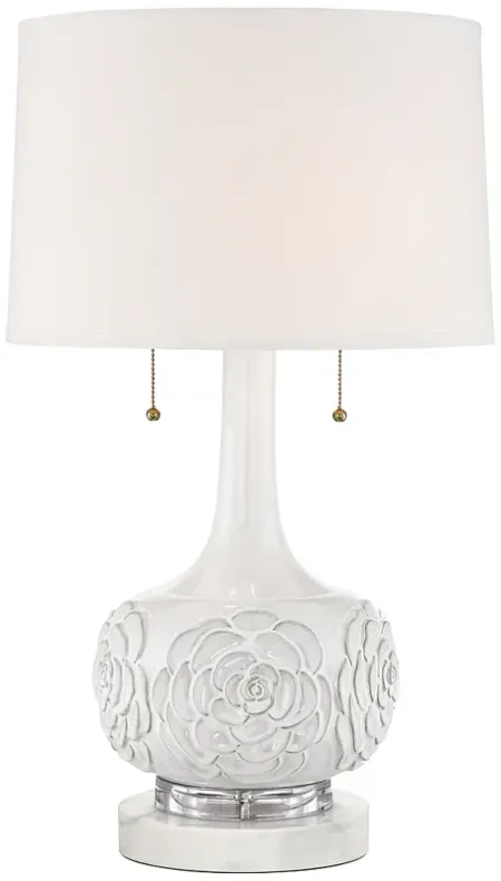 Possini Euro Natalia White Ceramic Floral Table Lamp with Marble Riser
