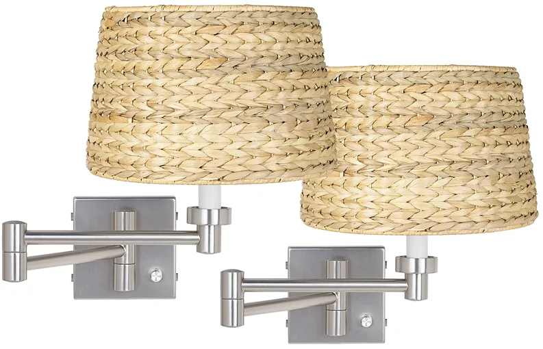 Possini Euro Brushed Nickel and Woven Shade Swing Arm Wall Lamps Set of 2