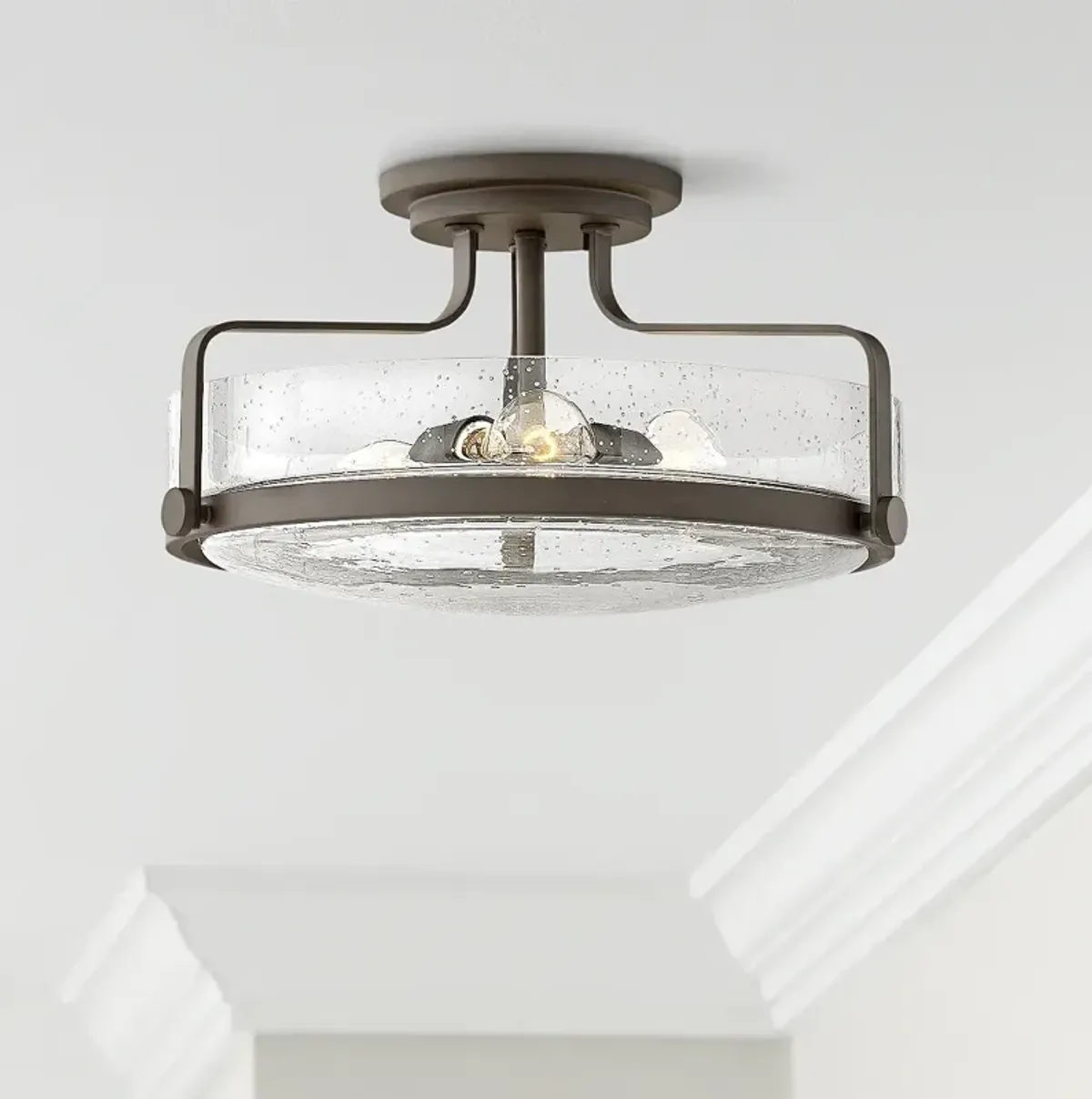 Hinkley Harper 18" Wide Bronze and Seeded Glass Ceiling Light