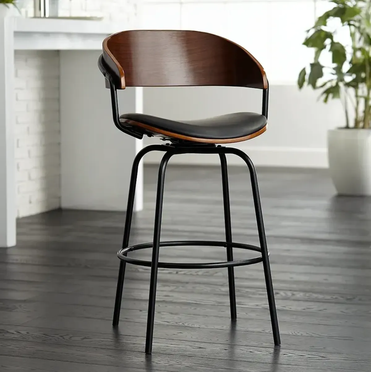 Elm Lane Larsen 26" High Modern Black and Walnut Swivel Counter Stool