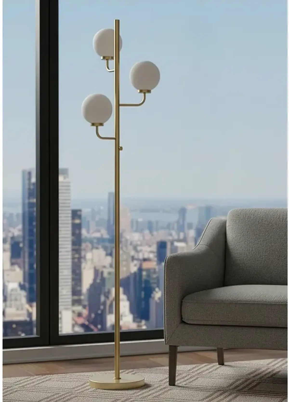 Possini Euro Nivia 66"H Satin Brass Opal Glass 3-Light LED Floor Lamp