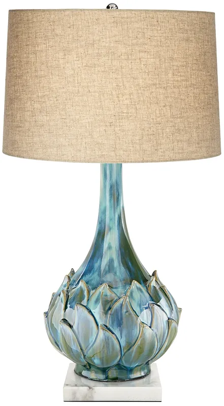 Possini Euro Kenya Blue Green Ceramic Lamp with Square White Marble Riser