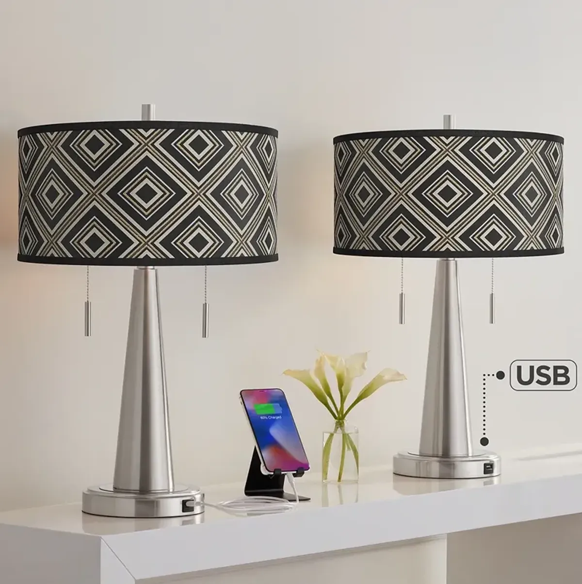 Rhythm Vicki Brushed Nickel USB Table Lamps Set of 2
