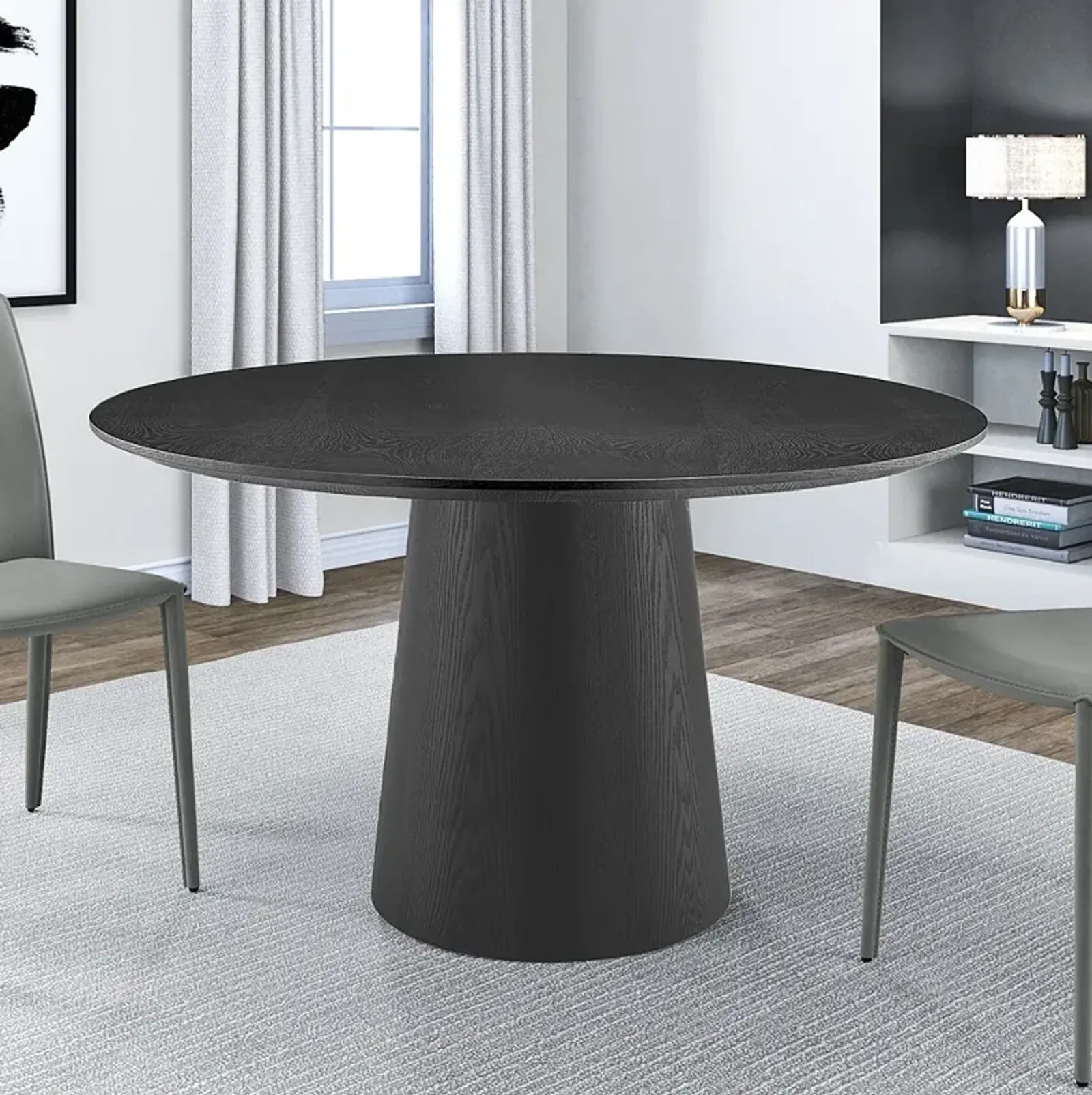 Wesley 53"W Ash Veneered Matte Black Round Dining Table