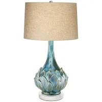 Possini Euro Blue Green Ceramic Table Lamp with Round White Marble Riser