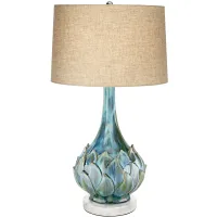 Possini Euro Blue Green Ceramic Table Lamp with Round White Marble Riser