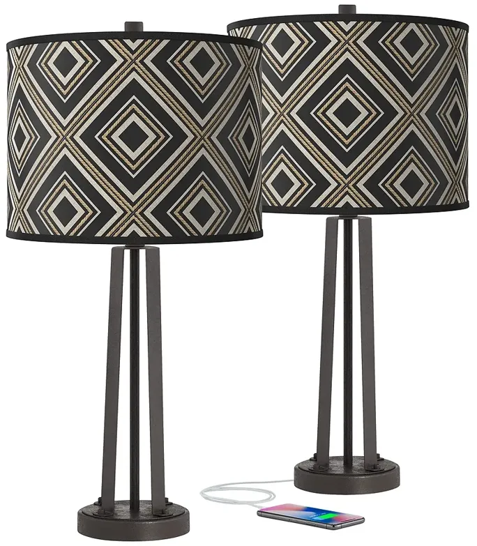 Giclee Glow Susan 25 1/2" Rhythm Shade Bronze USB Table Lamps Set of 2