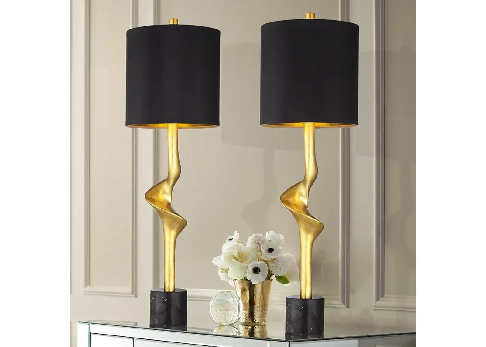 Possini Euro Minerva Gold Leaf Black Table Lamps Set of 2