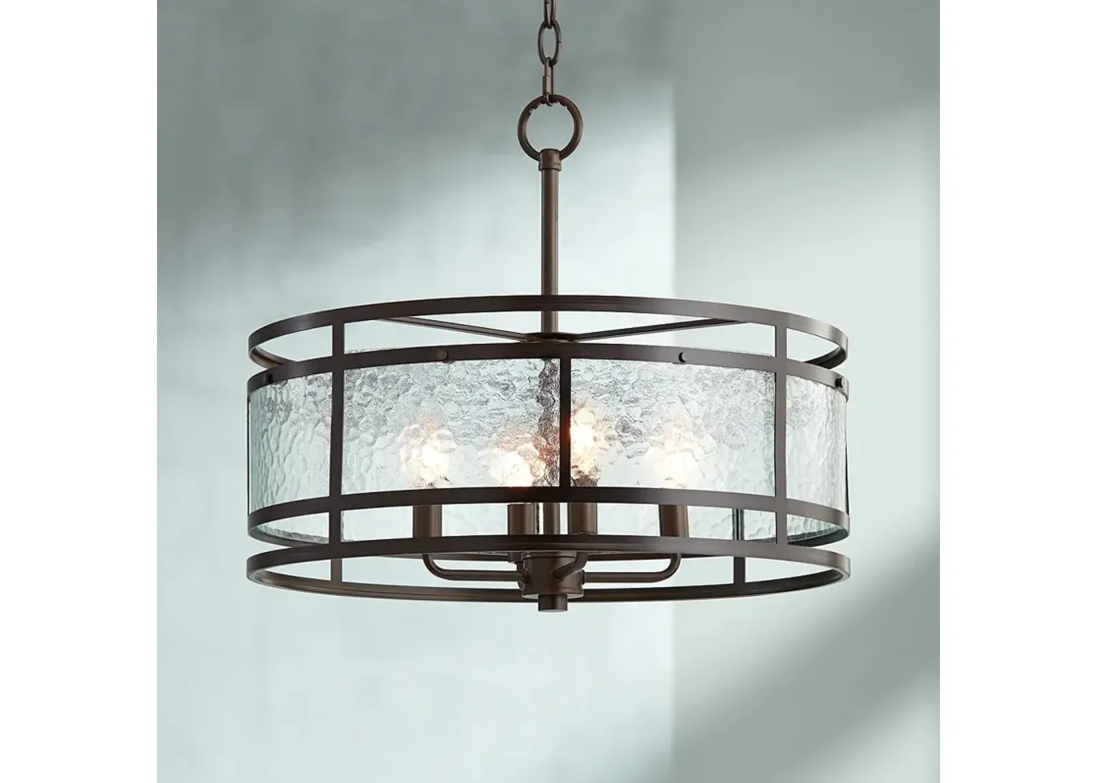 Franklin Iron Works Elwood 20" Textured Glass and Bronze Drum Pendant