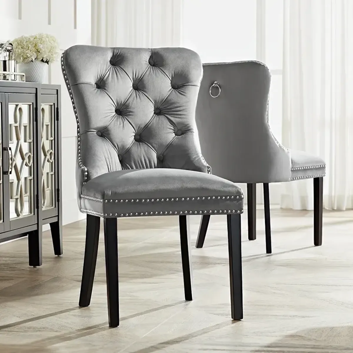 55 Downing Street Annabelle Tufted Gray Velvet Dining Chairs Set of 2