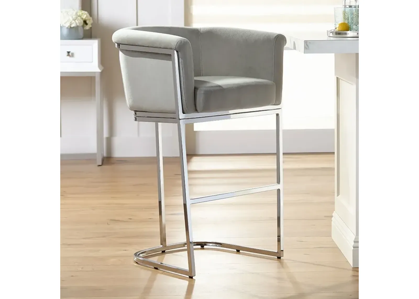 Reign 31" Gray Velvet and Chrome Modern Bar Stool