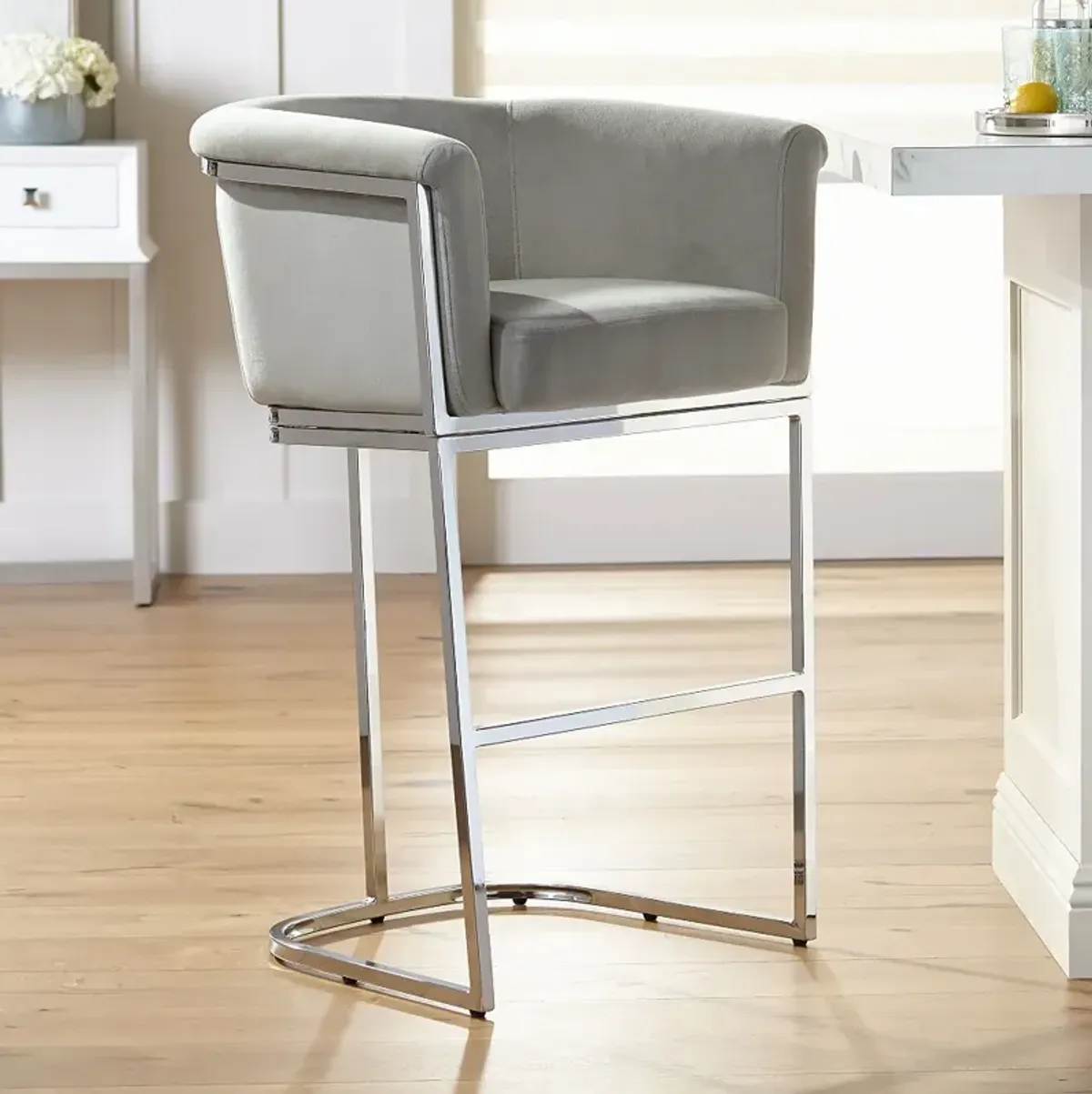 Reign 31" Gray Velvet and Chrome Modern Bar Stool