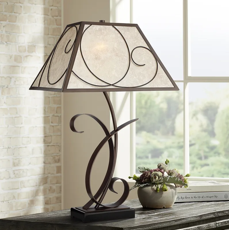 Franklin Iron Works Teri Bronze Scroll Table Lamp with Mica Lamp Shade
