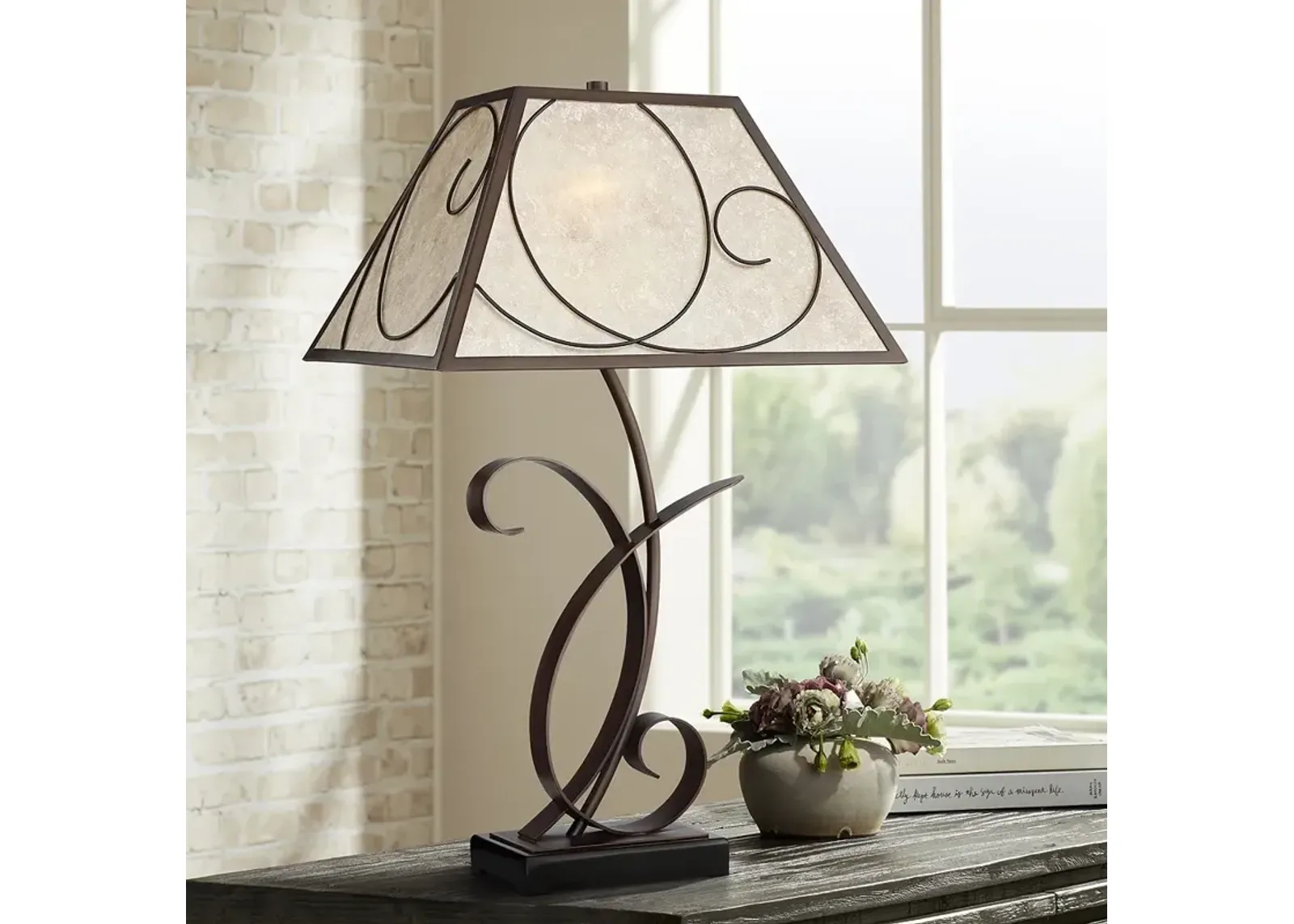 Franklin Iron Works Teri 27" Bronze Scroll Mica Shade Table Lamp