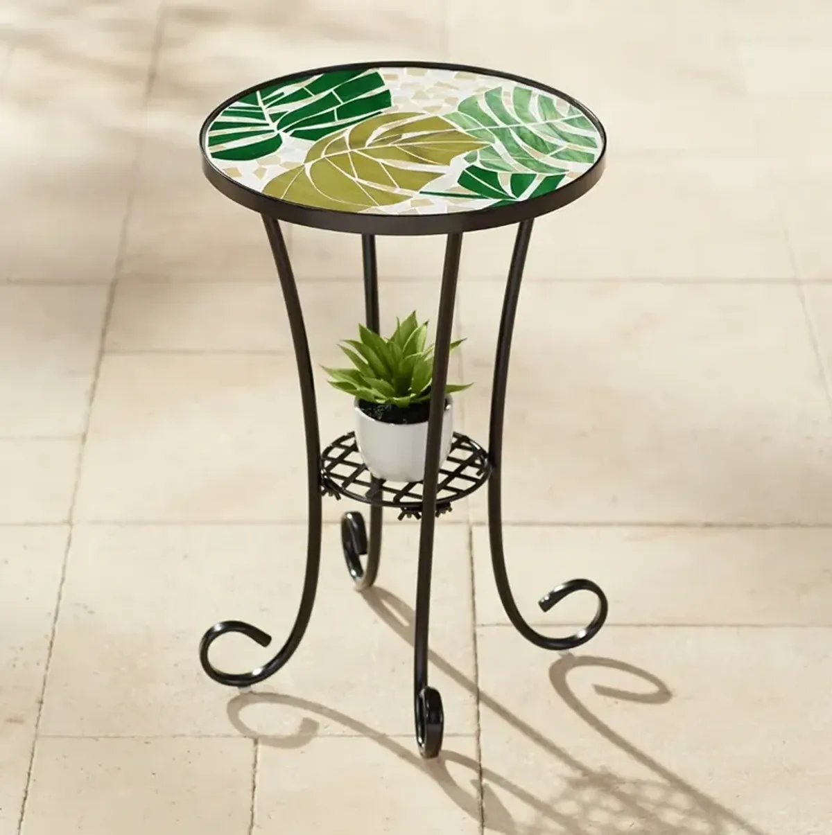 Tropical Leaves Mosaic Black Outdoor Accent Table