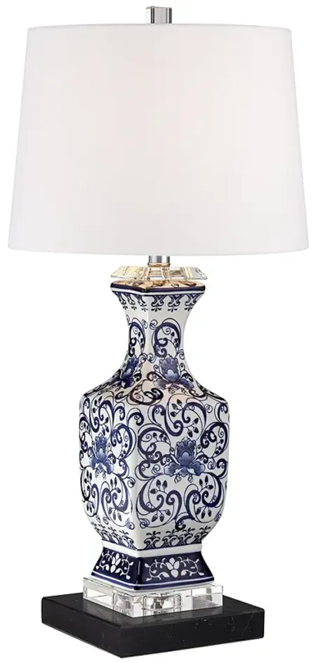 Barnes and Ivy Iris Blue Porcelain Lamp with Square Black Marble Riser