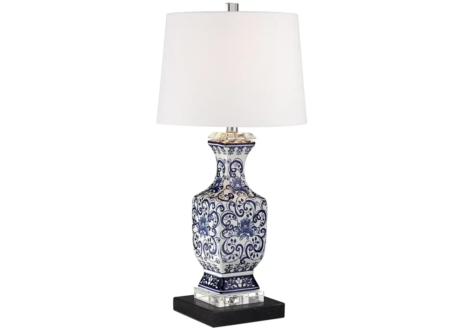 Barnes and Ivy Iris Blue Porcelain Lamp with Square Black Marble Riser