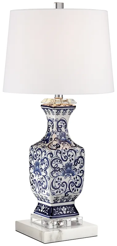 Barnes and Ivy Iris Blue White Traditional Ceramic Lamp with Marble Riser