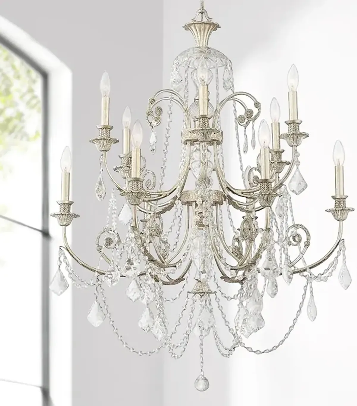 Regis 32" Wide 12-Light Olde Silver and Crystal Chandelier