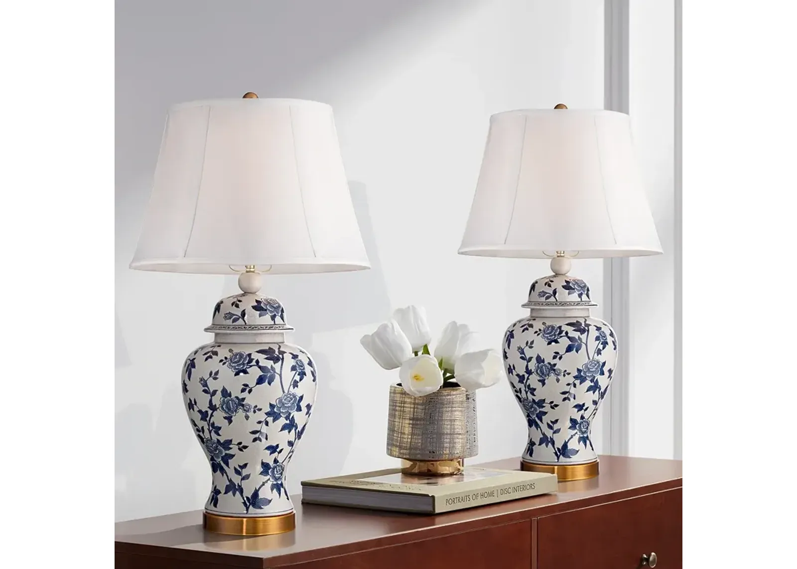 Barnes and Ivy Clarissa Blue and White Rose Ceramic Table Lamps Set of 2