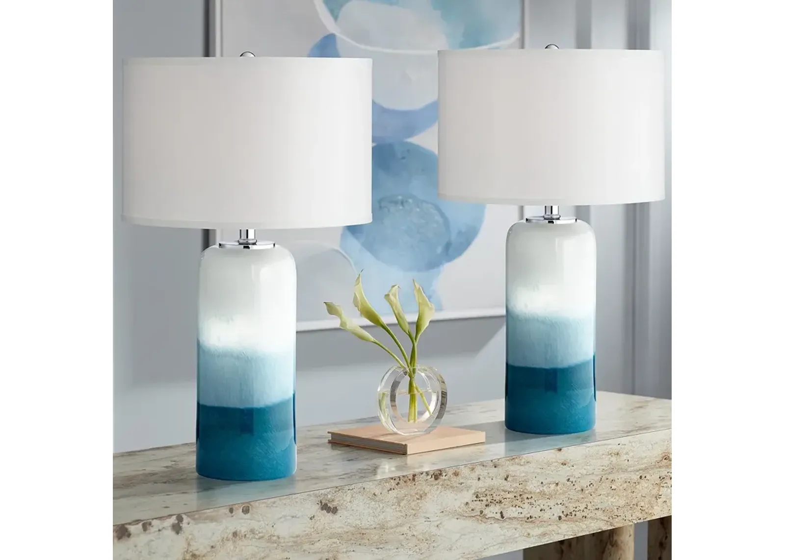 Possini Euro Roxanne 25" White Blue Glass Night Light Lamps Set of 2