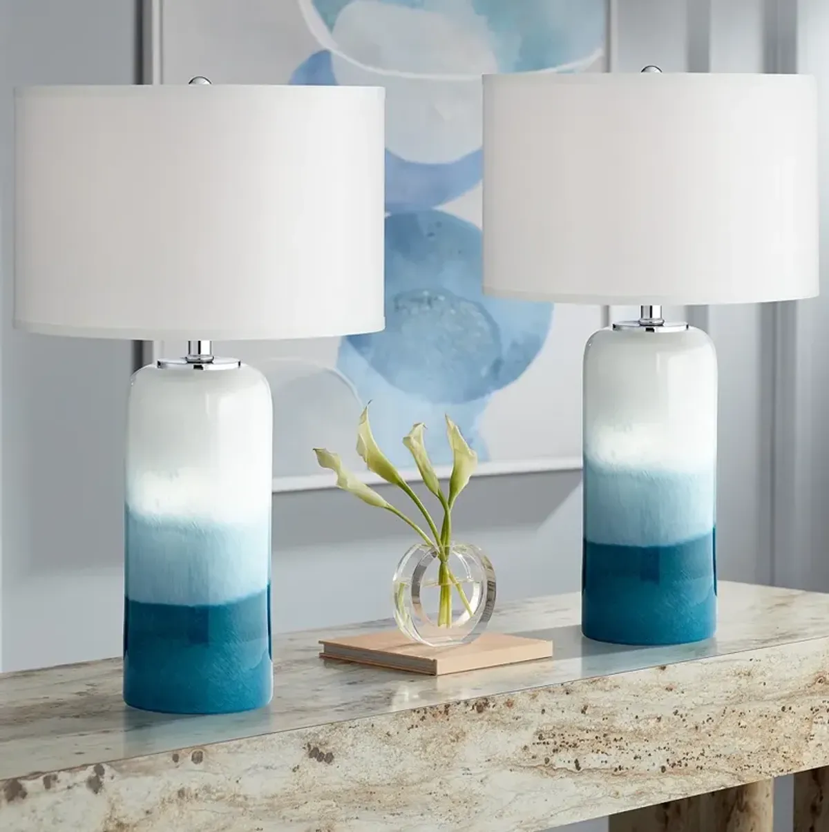 Possini Euro Roxanne 25" White Blue Glass Night Light Lamps Set of 2