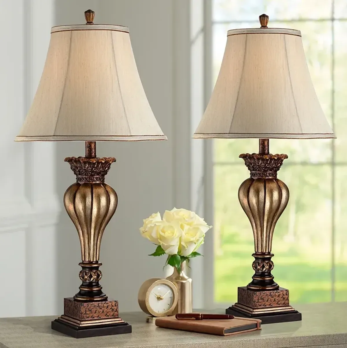 Regency Hill Senardo 30" High Gold Floral Vase Table Lamps Set of 2