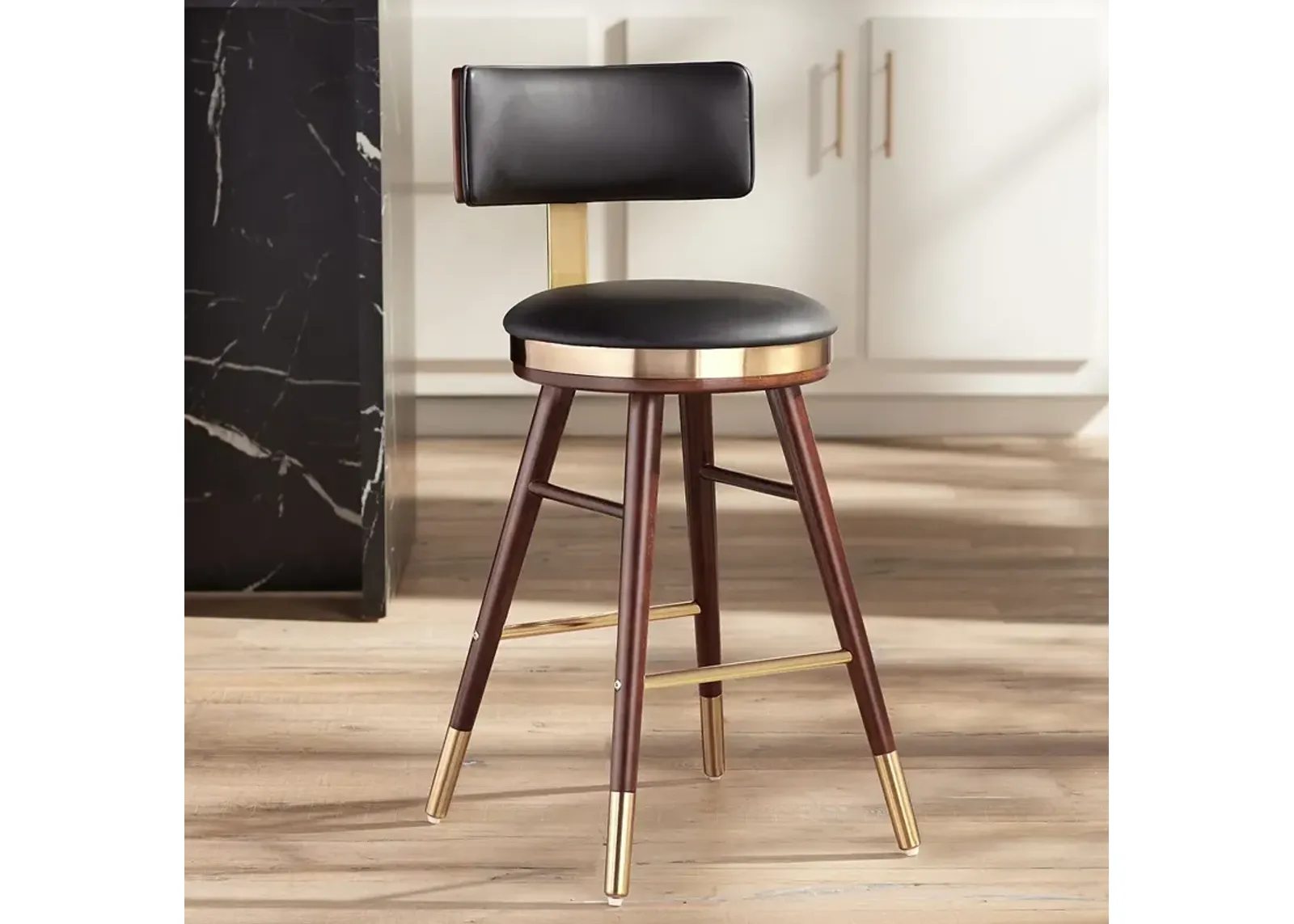 Parker 27 3/4" Black Leather and Gold Modern Counter Stool