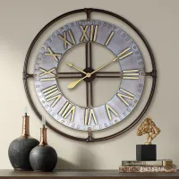 Industry 33" Wide Steel and Gold Open-Face Wall Clock