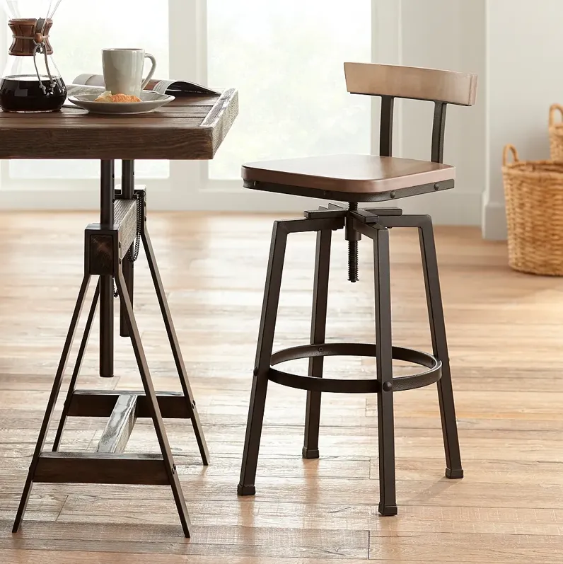 Roark Wood and Bronze Adjustable Seat Height Swivel Barstool