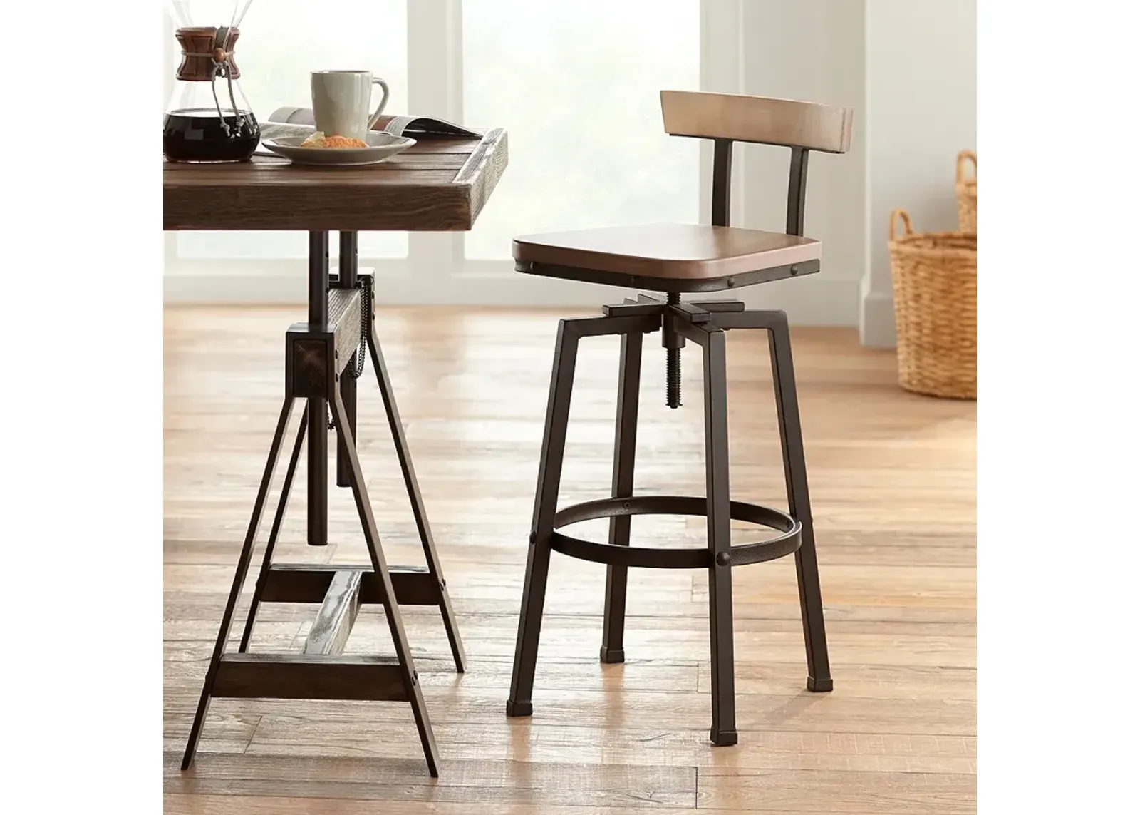 Roark Wood and Bronze Adjustable Seat Height Swivel Barstool