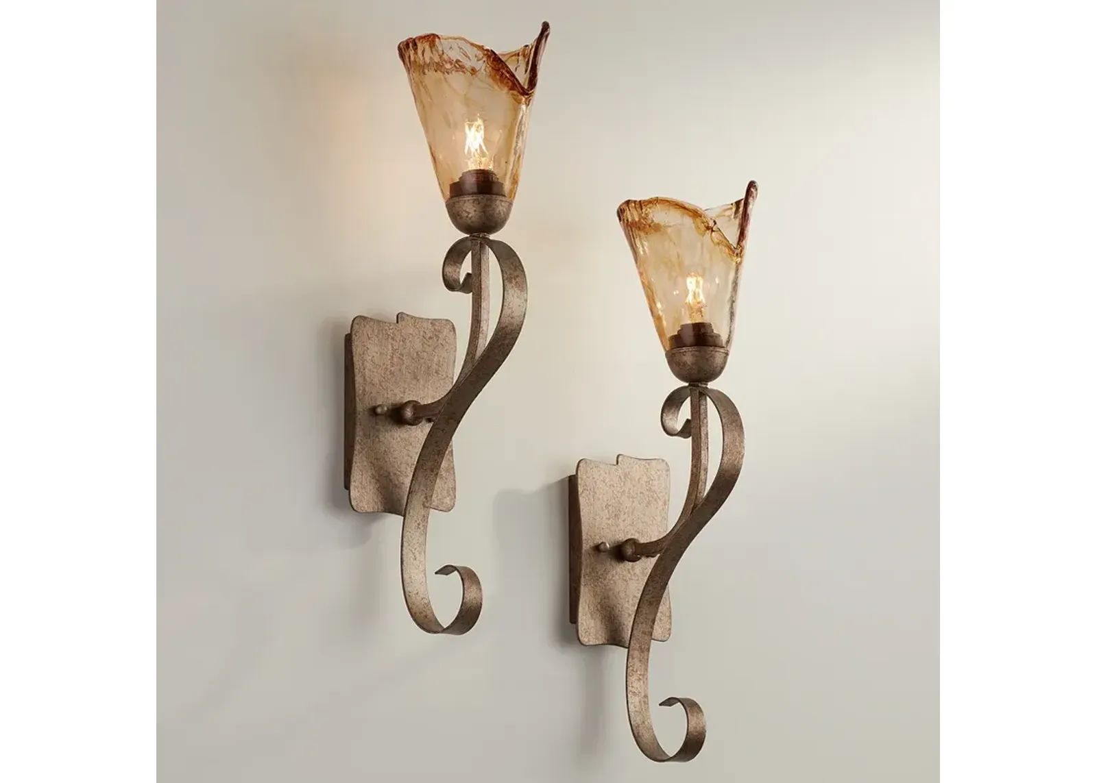 Franklin Iron Works Amber Scroll 23 1/2" Glass Bronze Wall Sconces Set