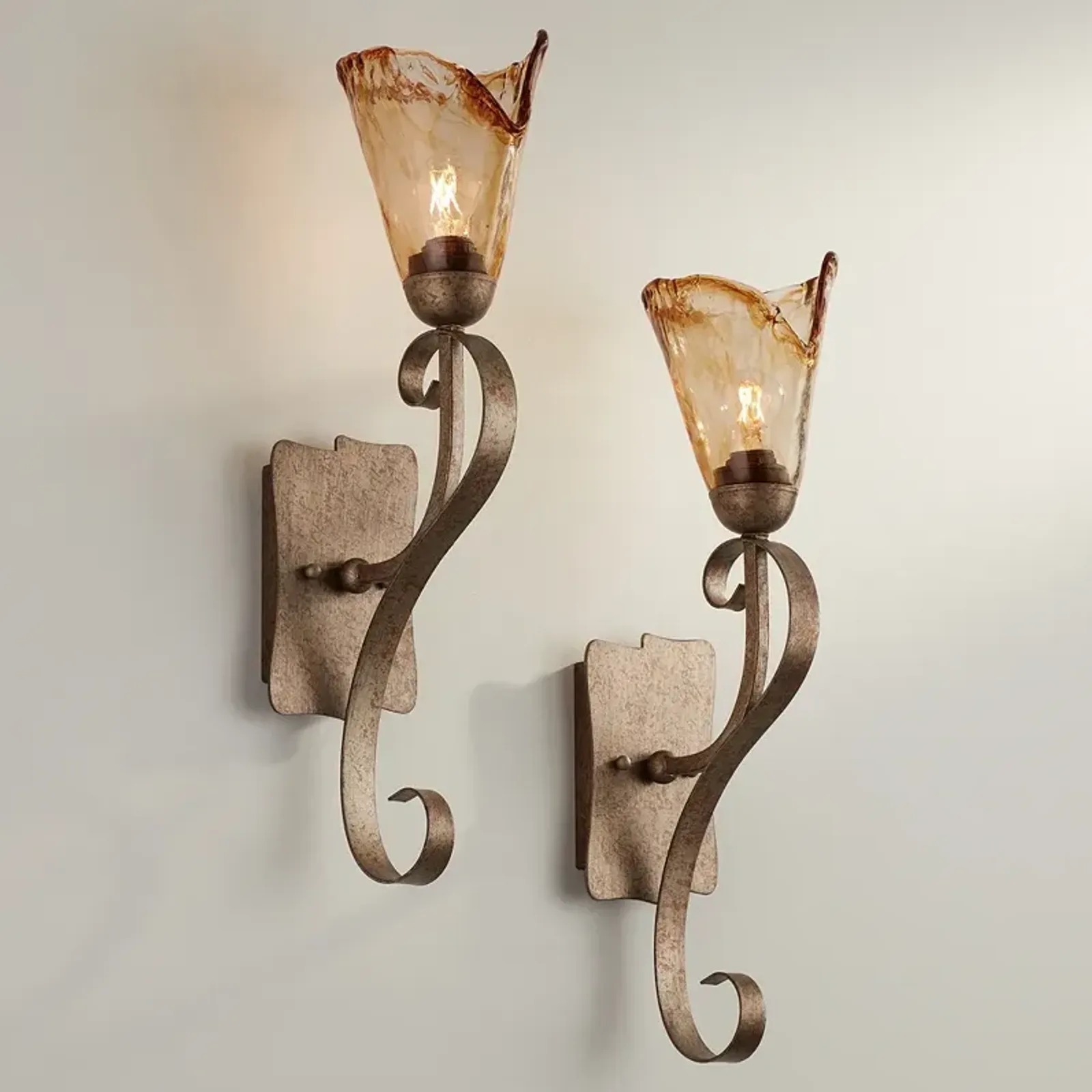 Franklin Iron Works Amber Scroll 23 1/2" Glass Bronze Wall Sconces Set