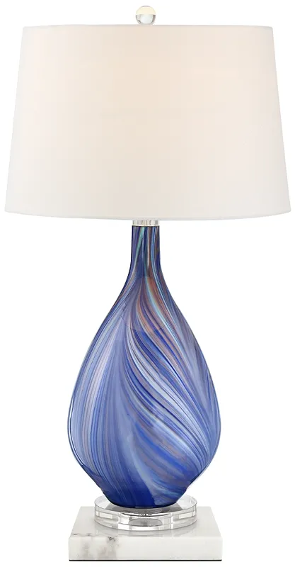 Possini Euro Taylor Blue Table Lamp with Square White Marble Riser