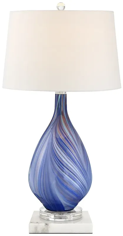 Possini Euro Taylor Blue Table Lamp with Square White Marble Riser