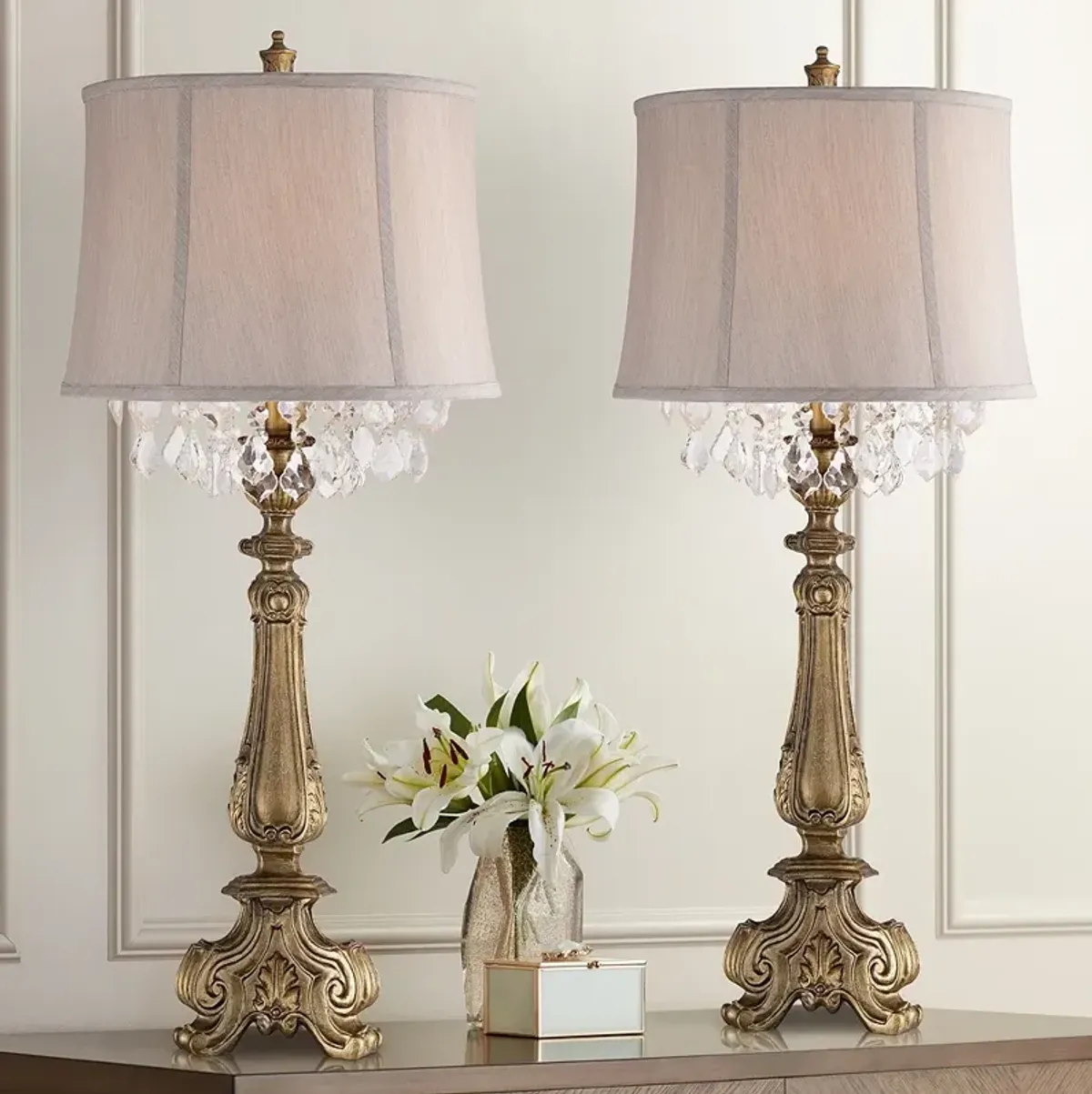 Barnes and Ivy Dubois Antique Gold and Crystal Console Table Lamps Set of 2