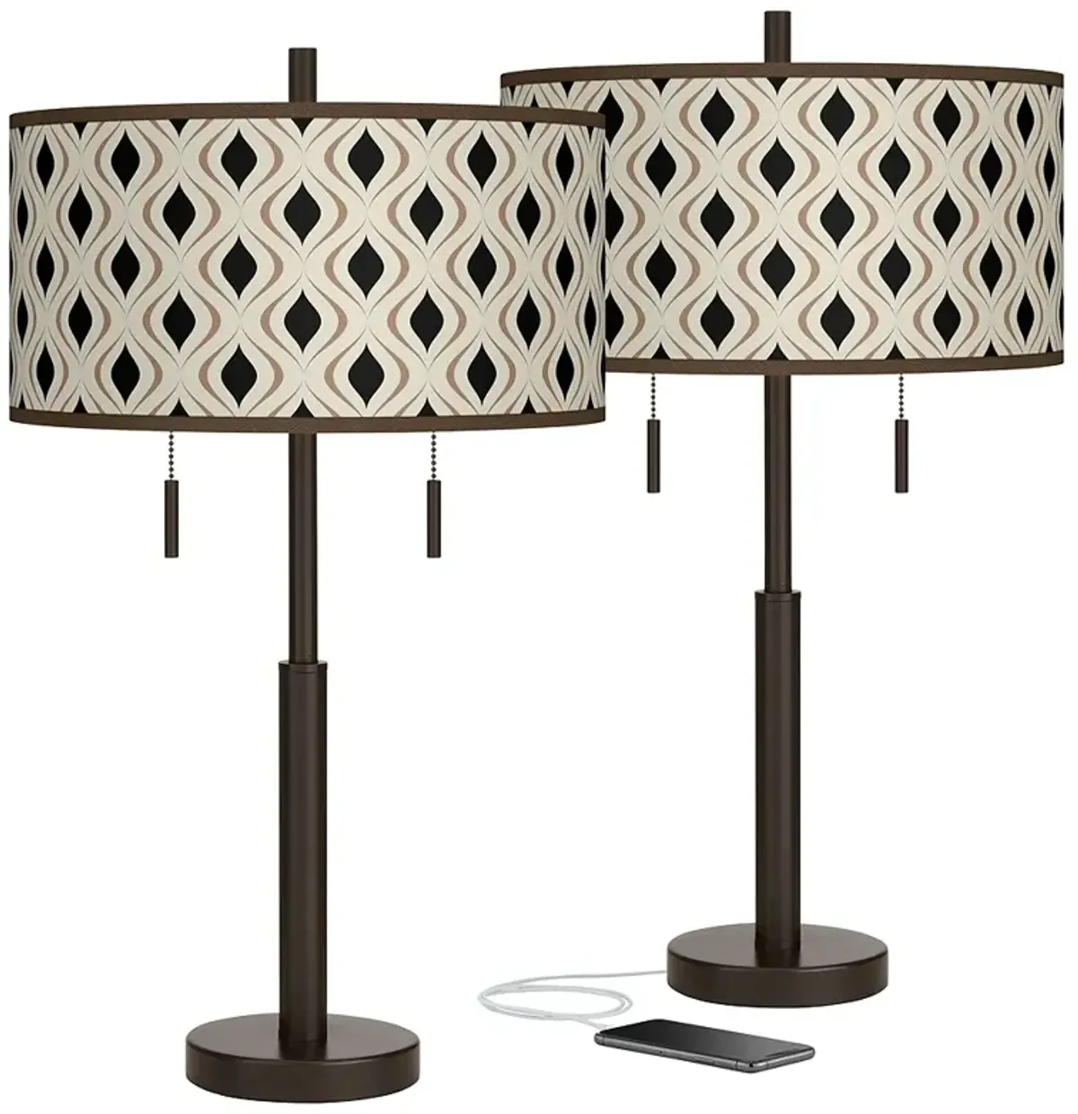 Oyster Retro Lattice Robbie Bronze USB Table Lamps Set of 2